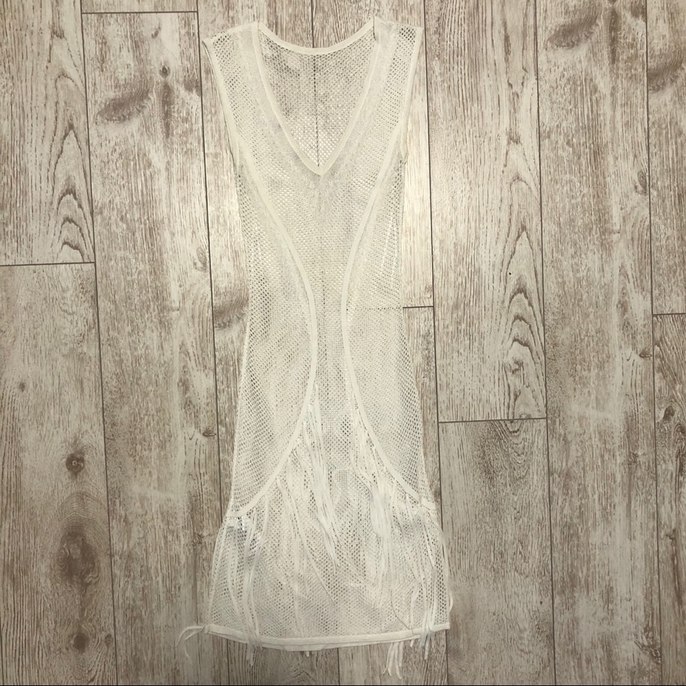 GUESS fishnet fringe metallic white dress XS
